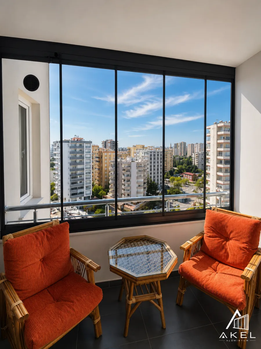 Sürme cam balkon sistemiyle kapatılmış, şehre bakan oturma köşesi