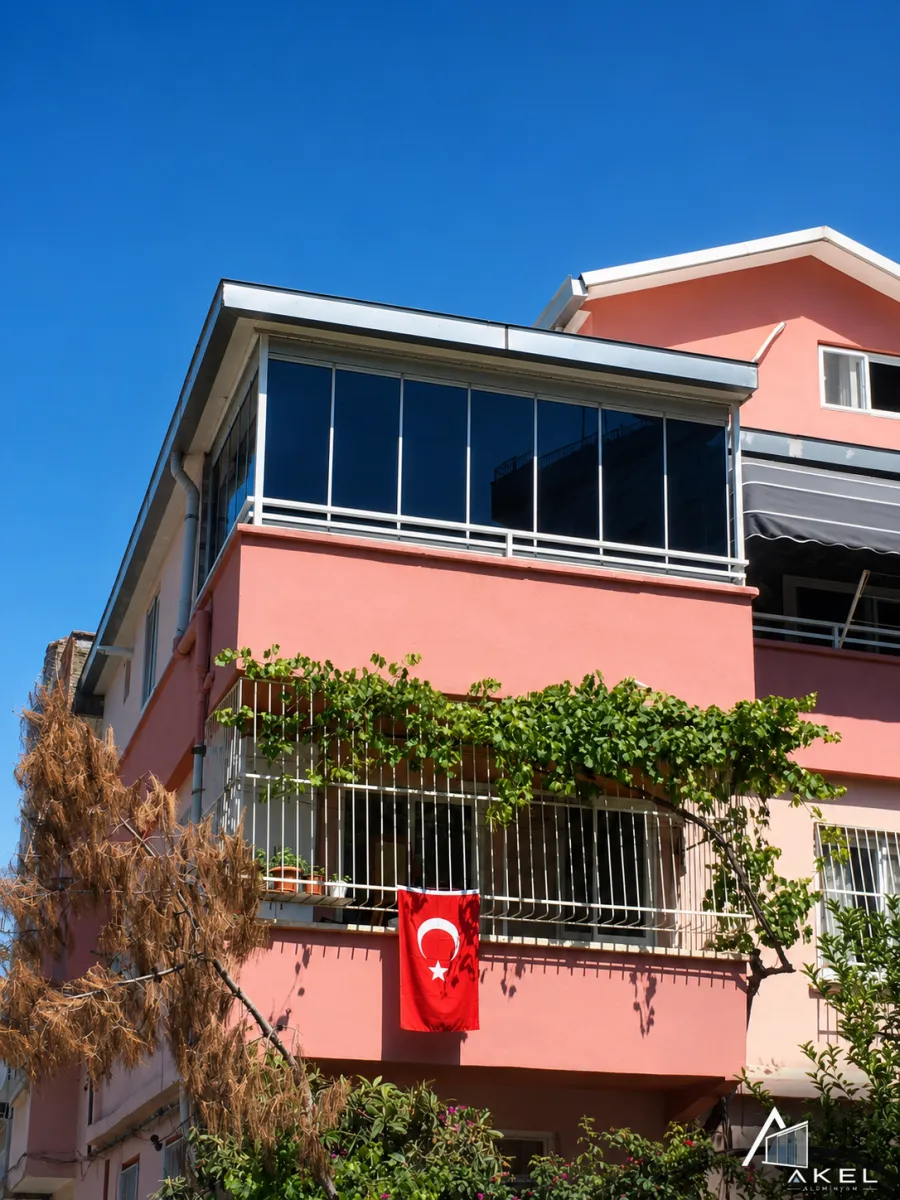 Üst kat terasının alüminyum doğrama ve camla kapatılmış hâli
